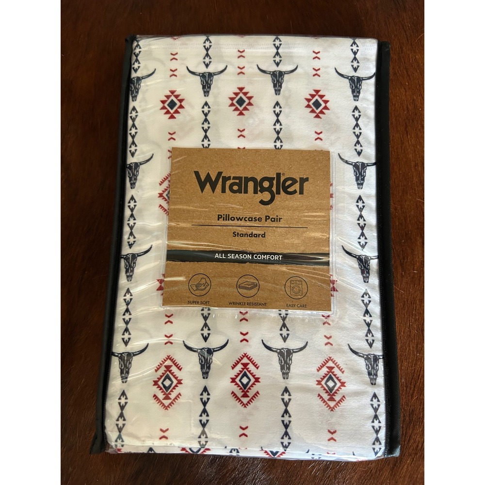 Wrangler Standard Pillowcase Pair Steer Head Stripe Red Western Bedding NEW 2 pc